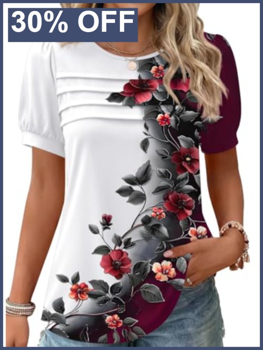 Womens Floral Pleated Tunic Blouse Puff Short Sleeve Summer Top
